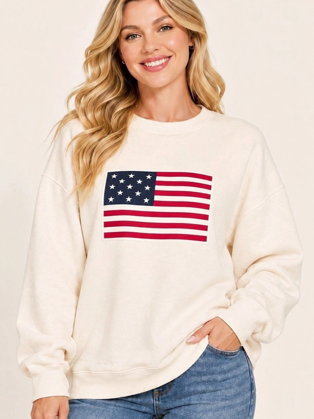 ZENANA Cream USA Flag Patch Fleece Crewneck Sweatshirt